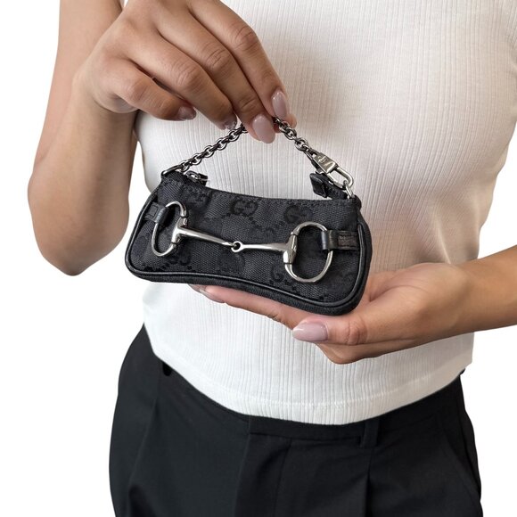 GUCCI Vintage Monogram Horsebit Micro Pouch Coin Purse Black Silver [105538] - Picture 1 of 12